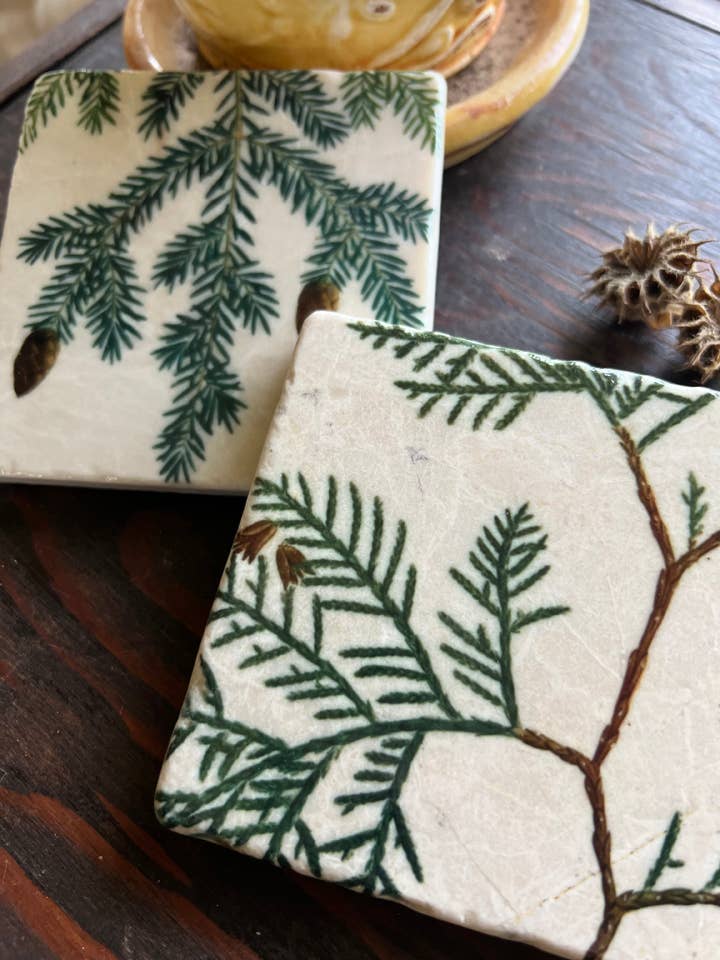 The Painted Lily - Pinecones stone coasters - case of 4