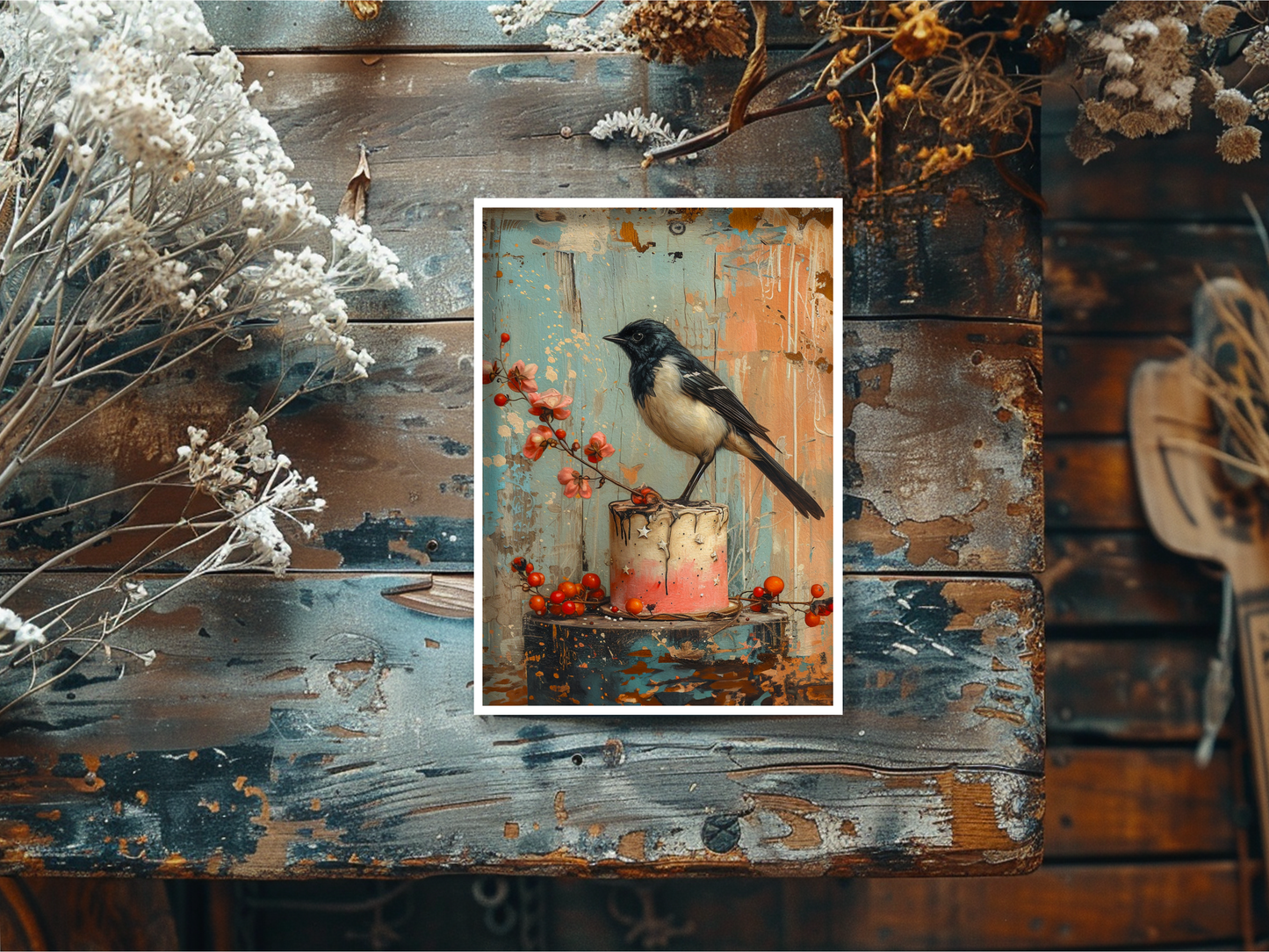 Salty Alyce - Magpie Sitting On Pink Cake Blank Card 98AS