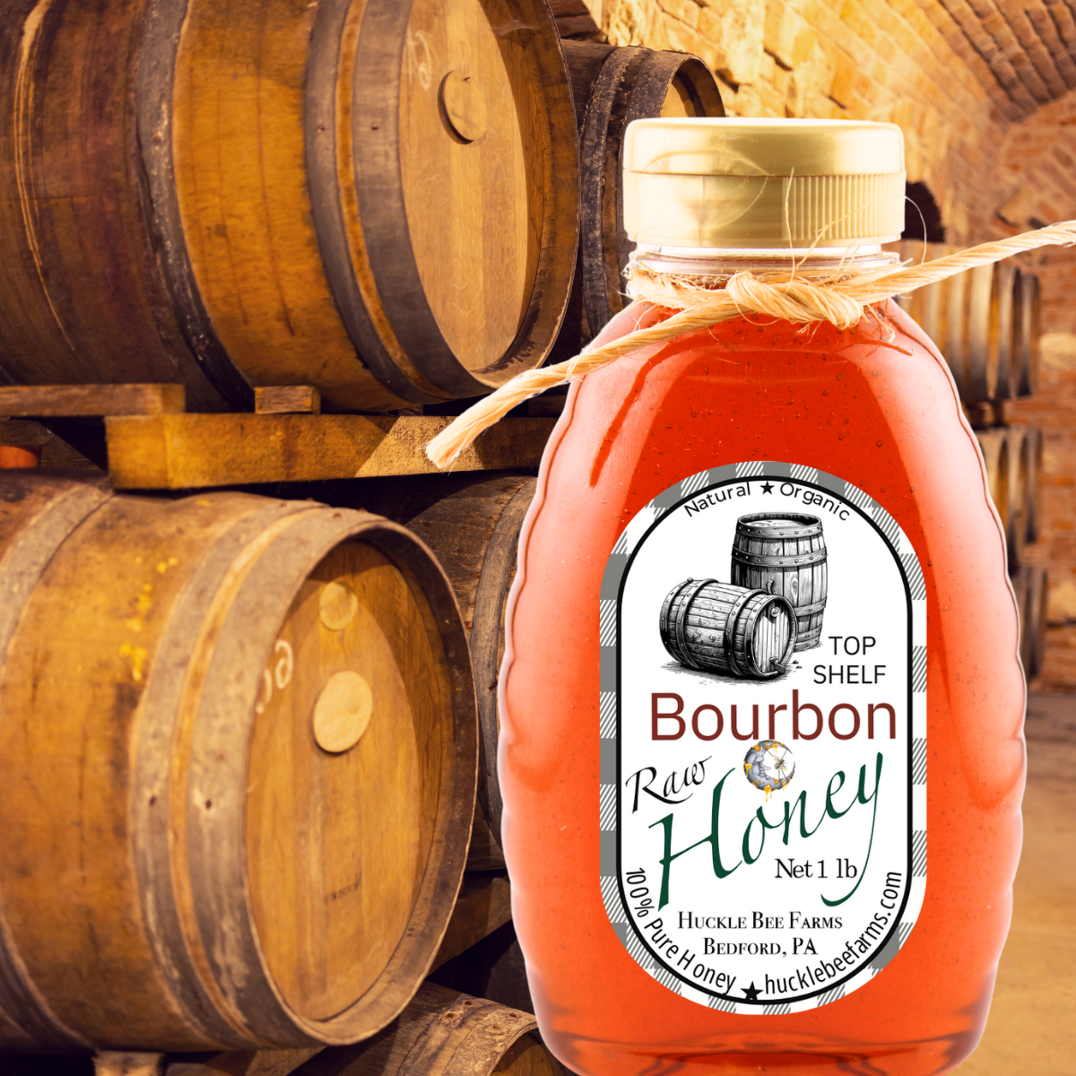 Huckle Bee Farms LLC - Bourbon Infused Raw Honey: 1 lb Bottle