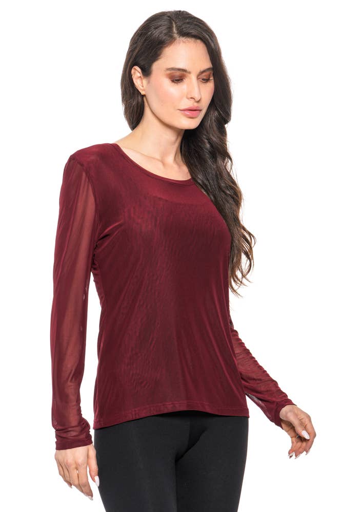 Adore - 90452-S – Sheer Sleeve Velvet Touch Top (Wine): M