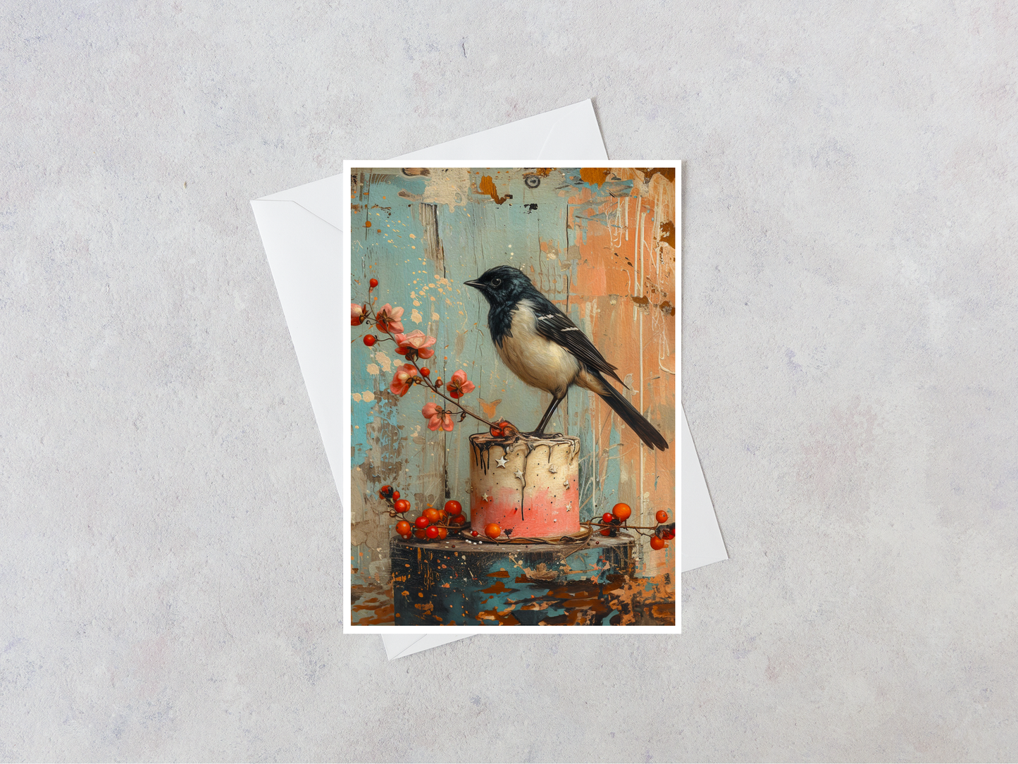 Salty Alyce - Magpie Sitting On Pink Cake Blank Card 98AS