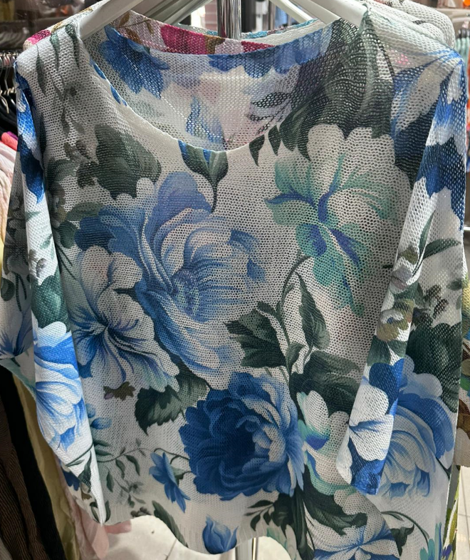 LOOWIE - COF10 White Blue Floral Round Knit Printed Sweater LOOWIE