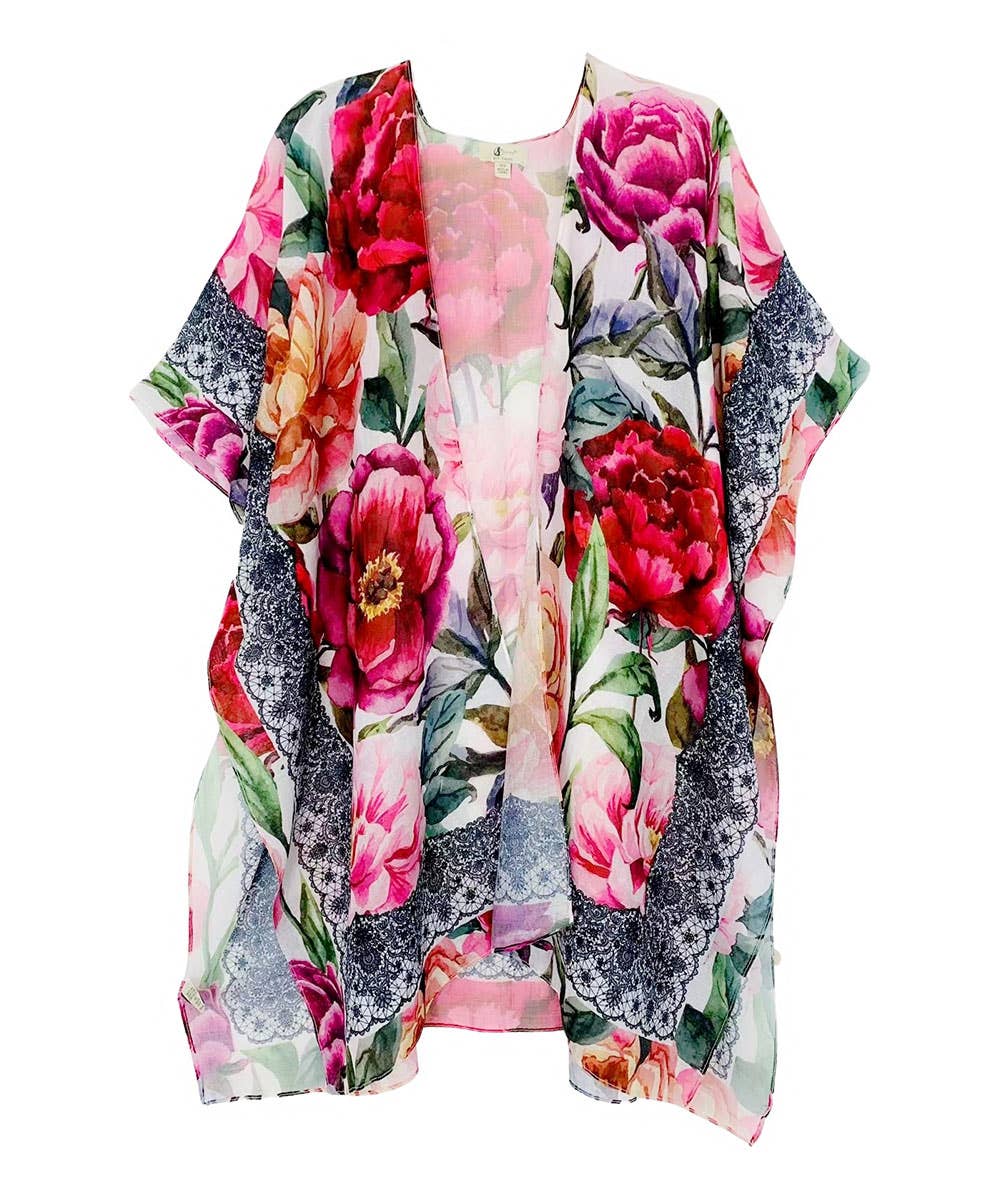 JC Sunny Fashion - Red Peony with Lace-Accent Border Kimono: Red- Black