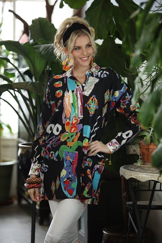 KikiSol - Black Love Boxy Button Down with Pockets: S/M