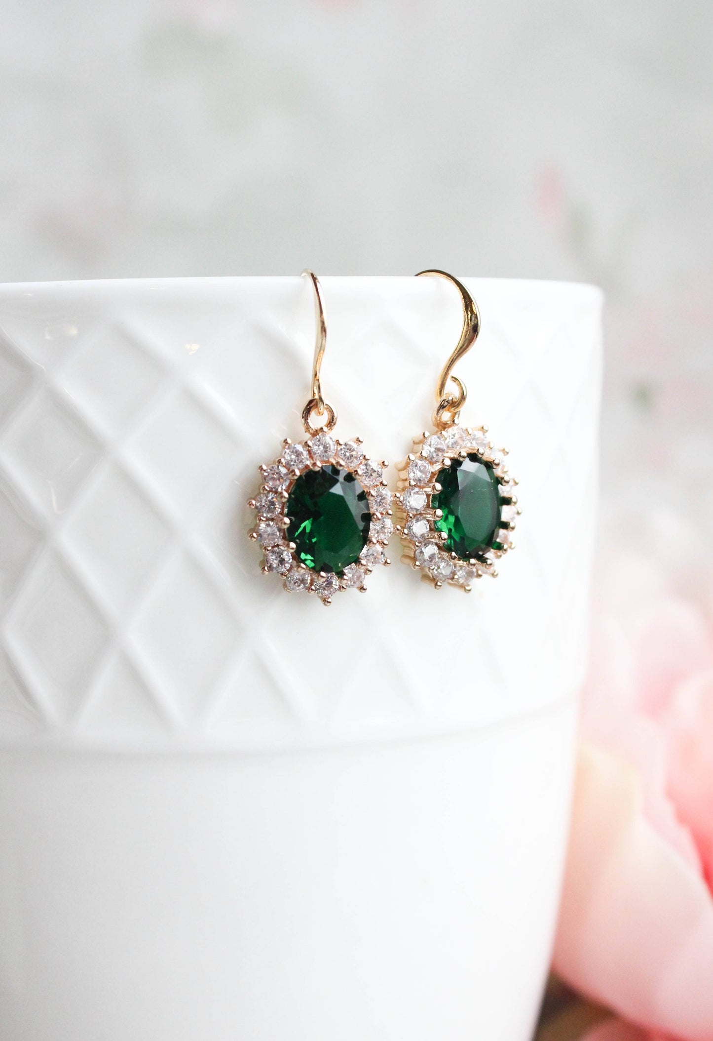 A Pocket of Posies - Emerald Green Oval Glass Earrings: Gold