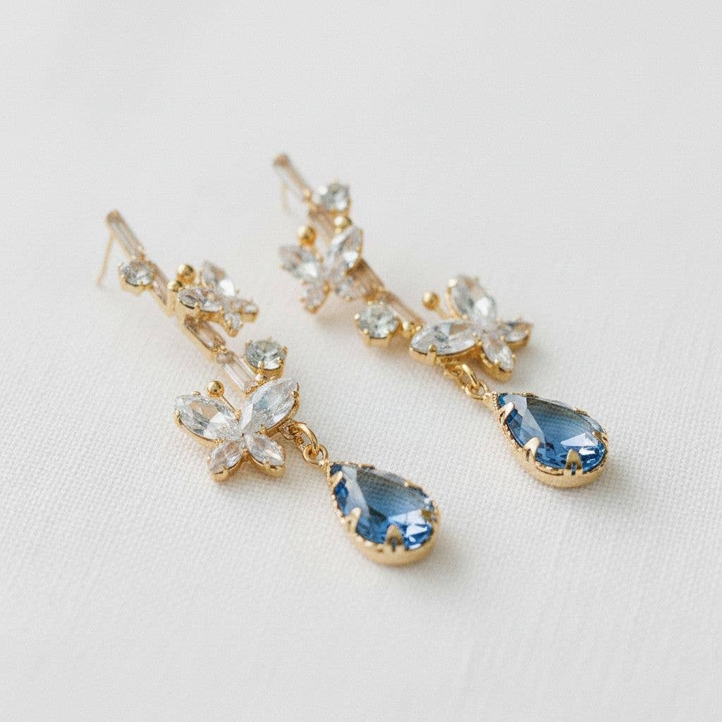 Ellemadera - Vintage Blue Crystal Butterfly Stud Earrings