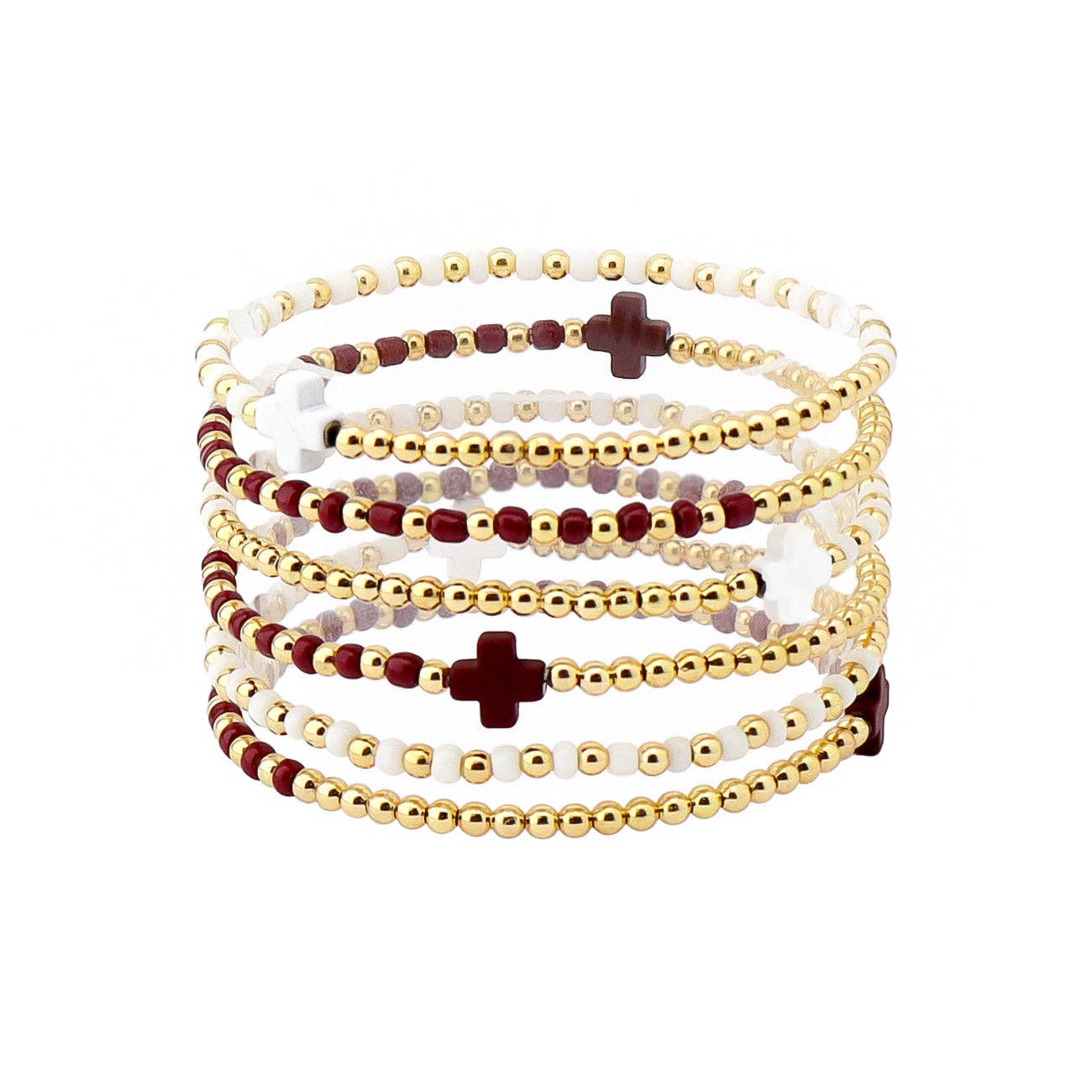 What's Hot - Gameday Set of 6 Maroon and White Beaded Stretch Bracelets, Very Popular!