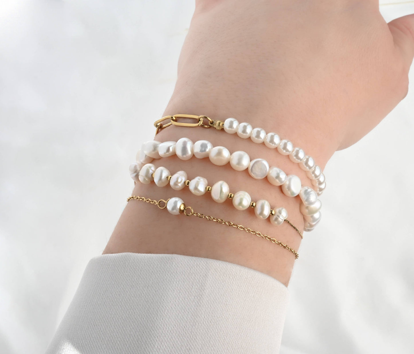 Blueyejewelry - Dainty Pearl Bracelets - 18k Gold Pearl Chain Bracelets: C. Full Pearl