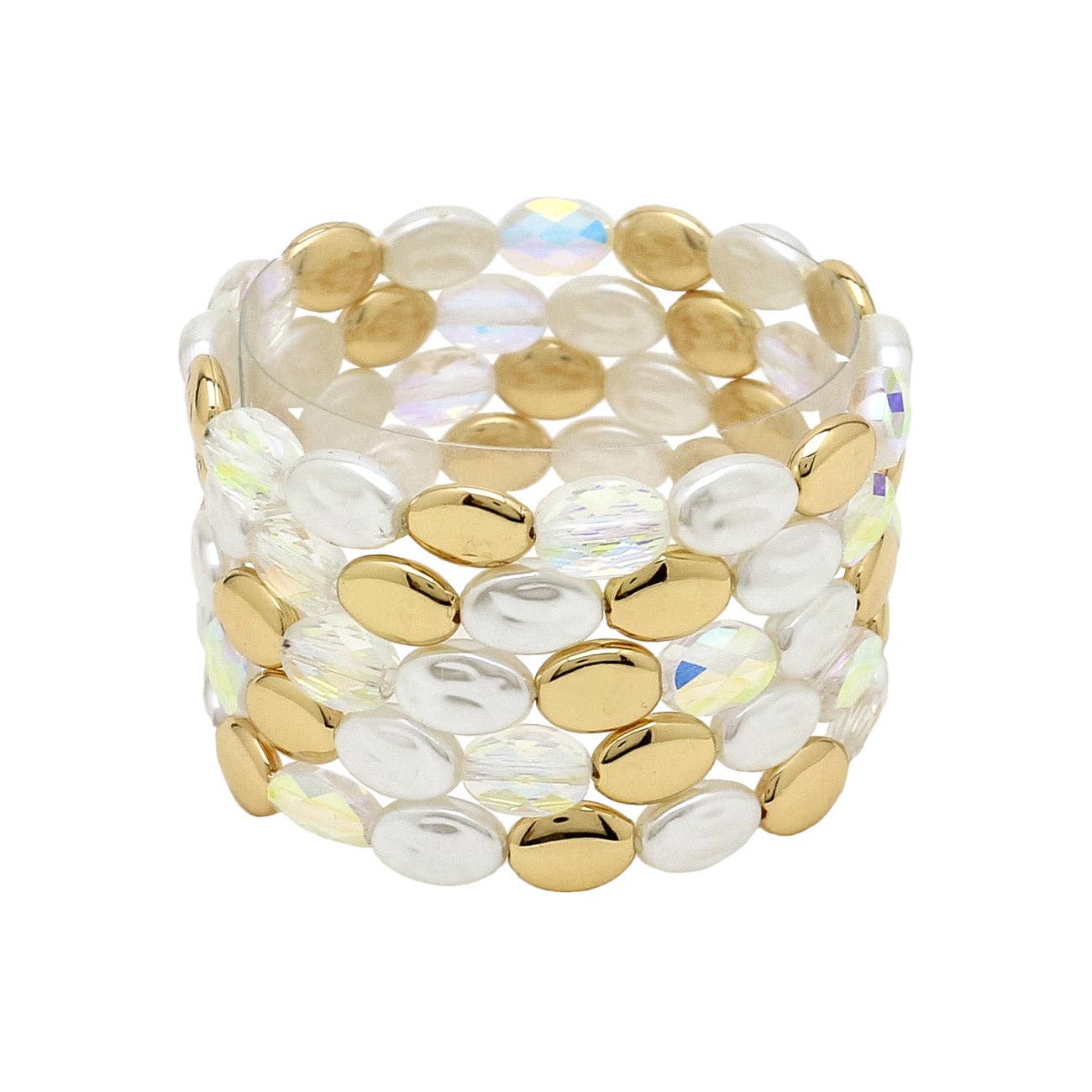 What's Hot - Flat Beaded Gold, Pearl, and White Crystal Set of 5 Stretch Bracelets