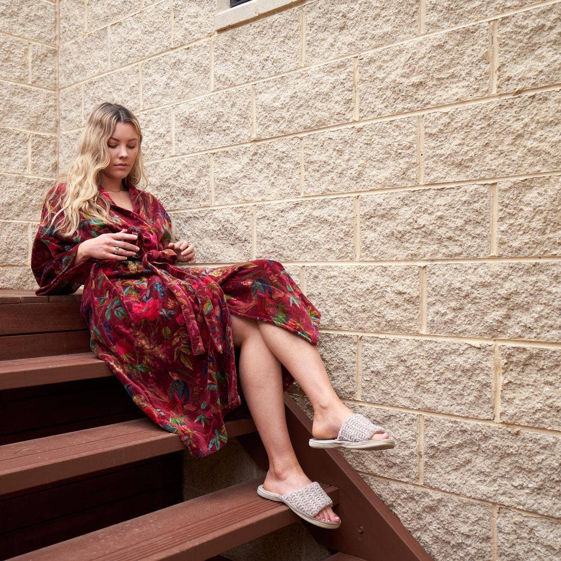 Linen Connections - Kimono Cotton Velvet Floral Kimono Bathrobe Bridal Robe