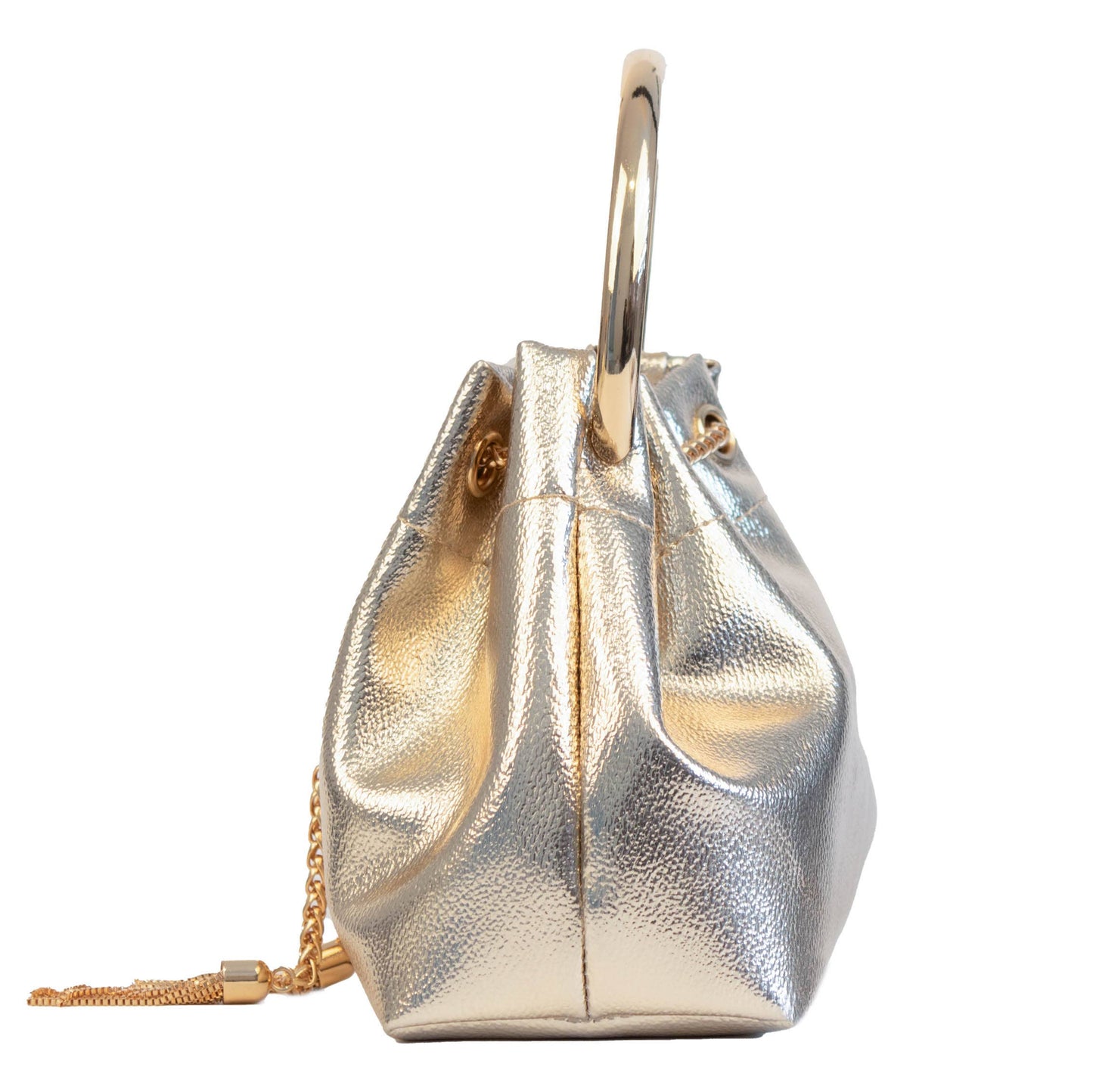 PEACH ACCESSORIES - A0518 Sophisticated Metallic Bucket Handbag with Chain: Silver