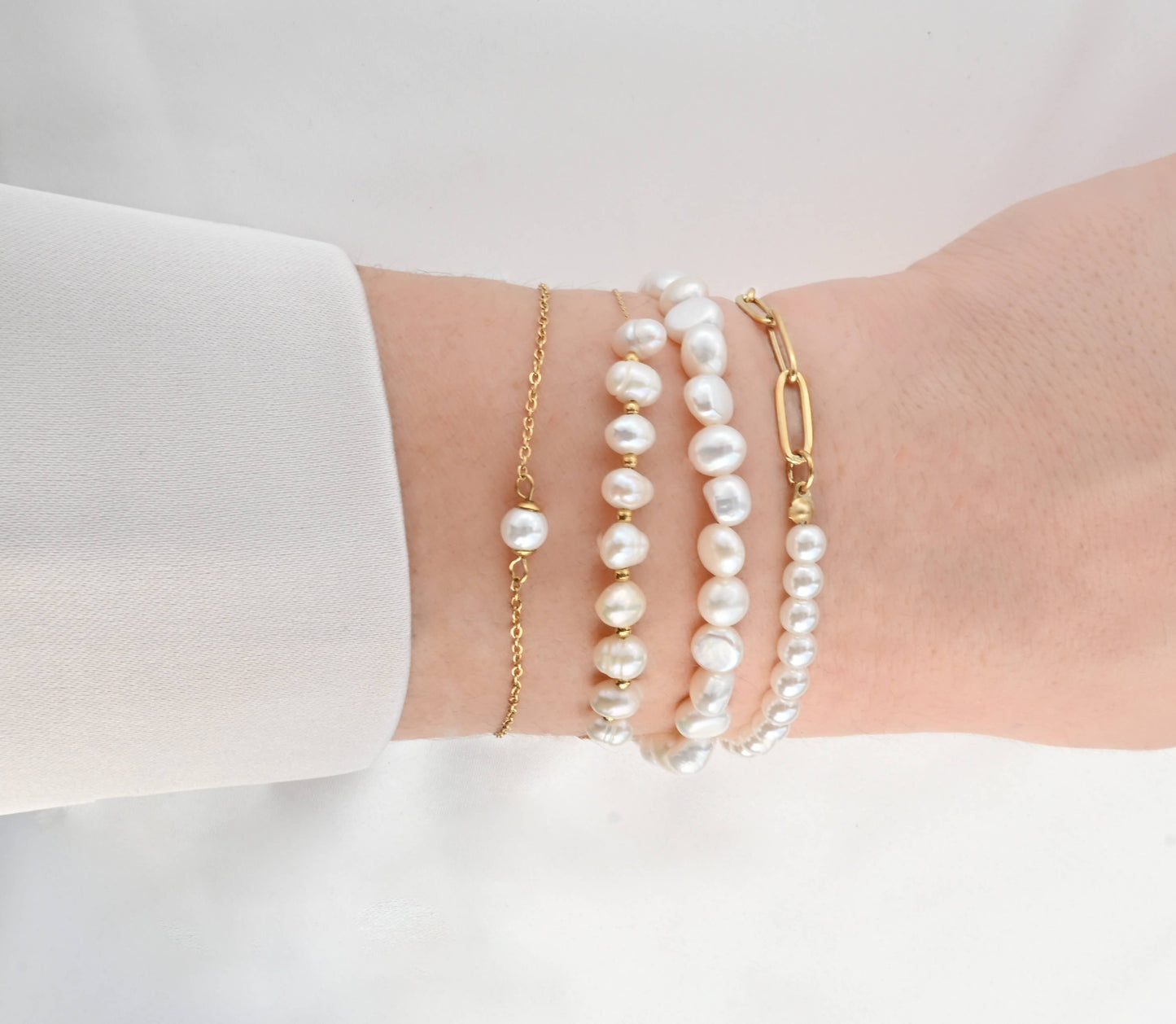 Blueyejewelry - Dainty Pearl Bracelets - 18k Gold Pearl Chain Bracelets: C. Full Pearl