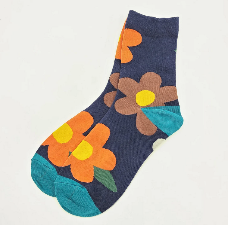 Comfortarians - Women's Patterned Socks, Knitted Socks, Floral Design Socks: Navy
