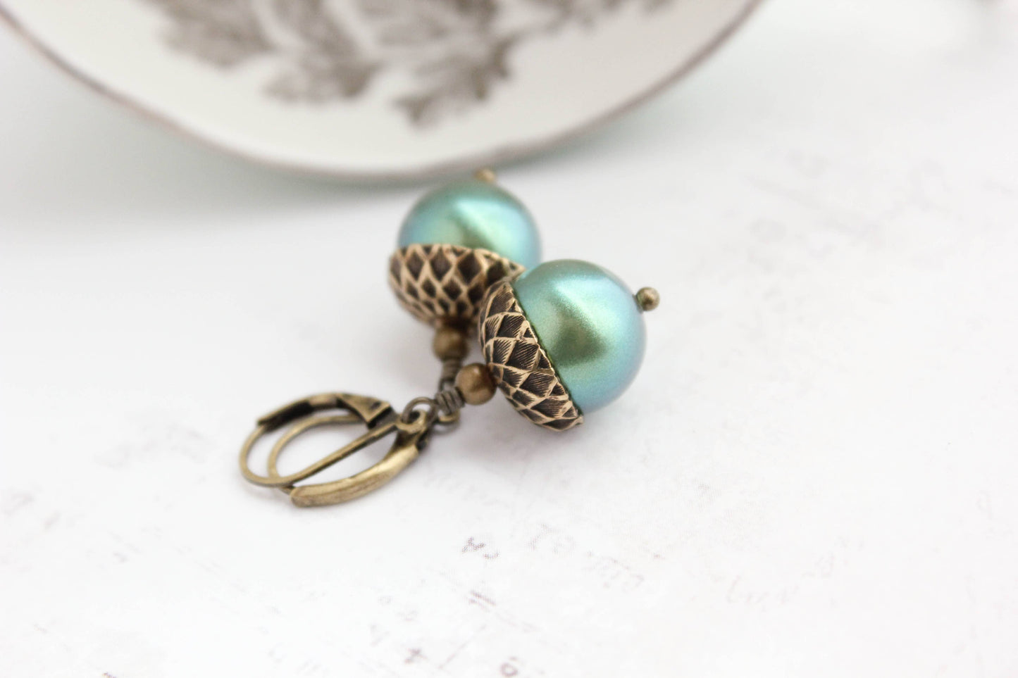 A Pocket of Posies - Pearl Acorn Earrings - ANTIQUED BRASS (23 colors): 15) Plum Merlot