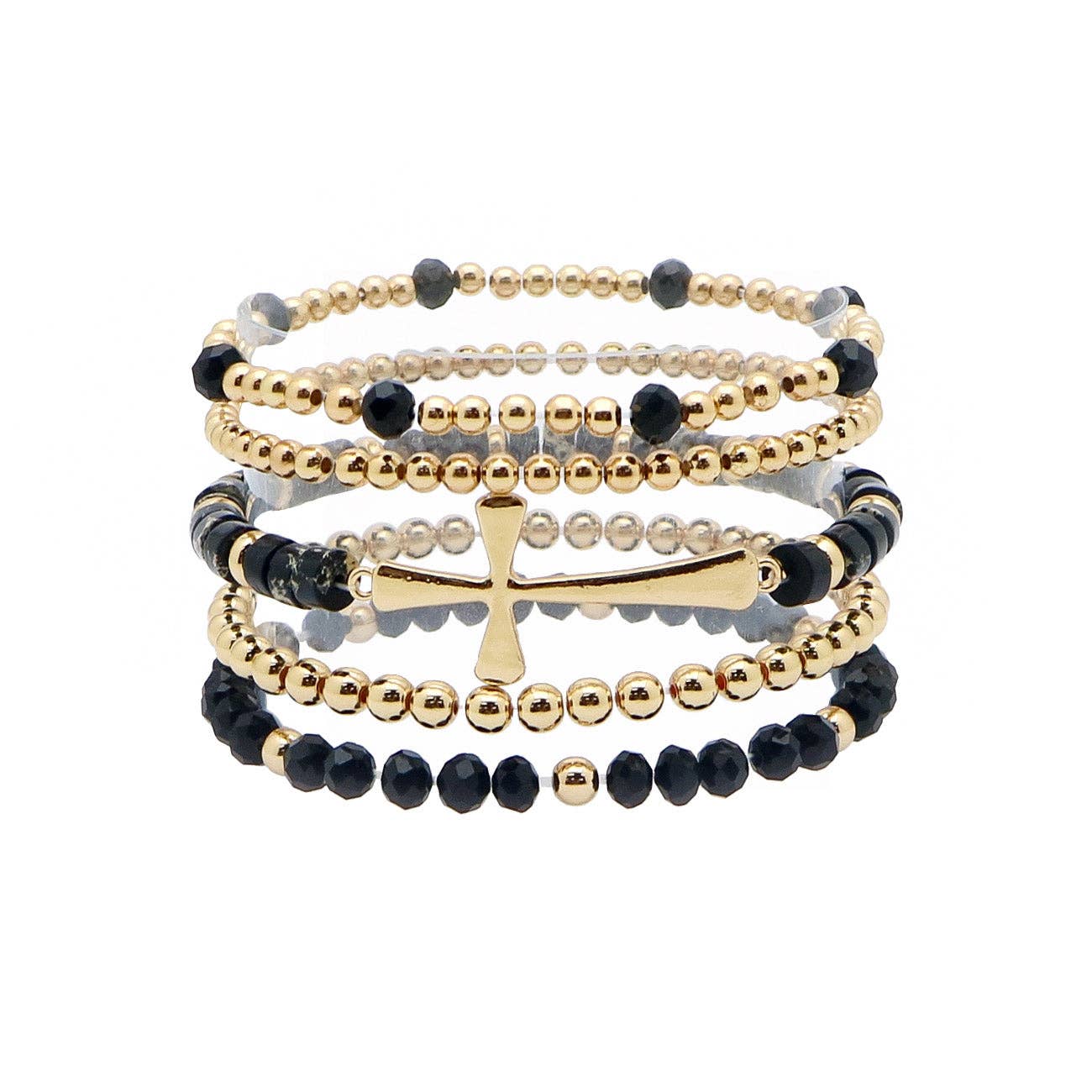 What's Hot - Set of 5 Gold, Black Crystal, and Gold Cross Stretch Bracelet Set
