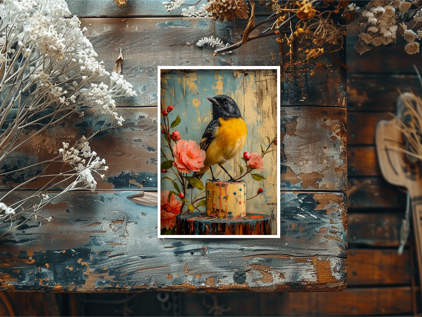 Salty Alyce - Black And Yellow Bird On Cake Blank Card 100AS