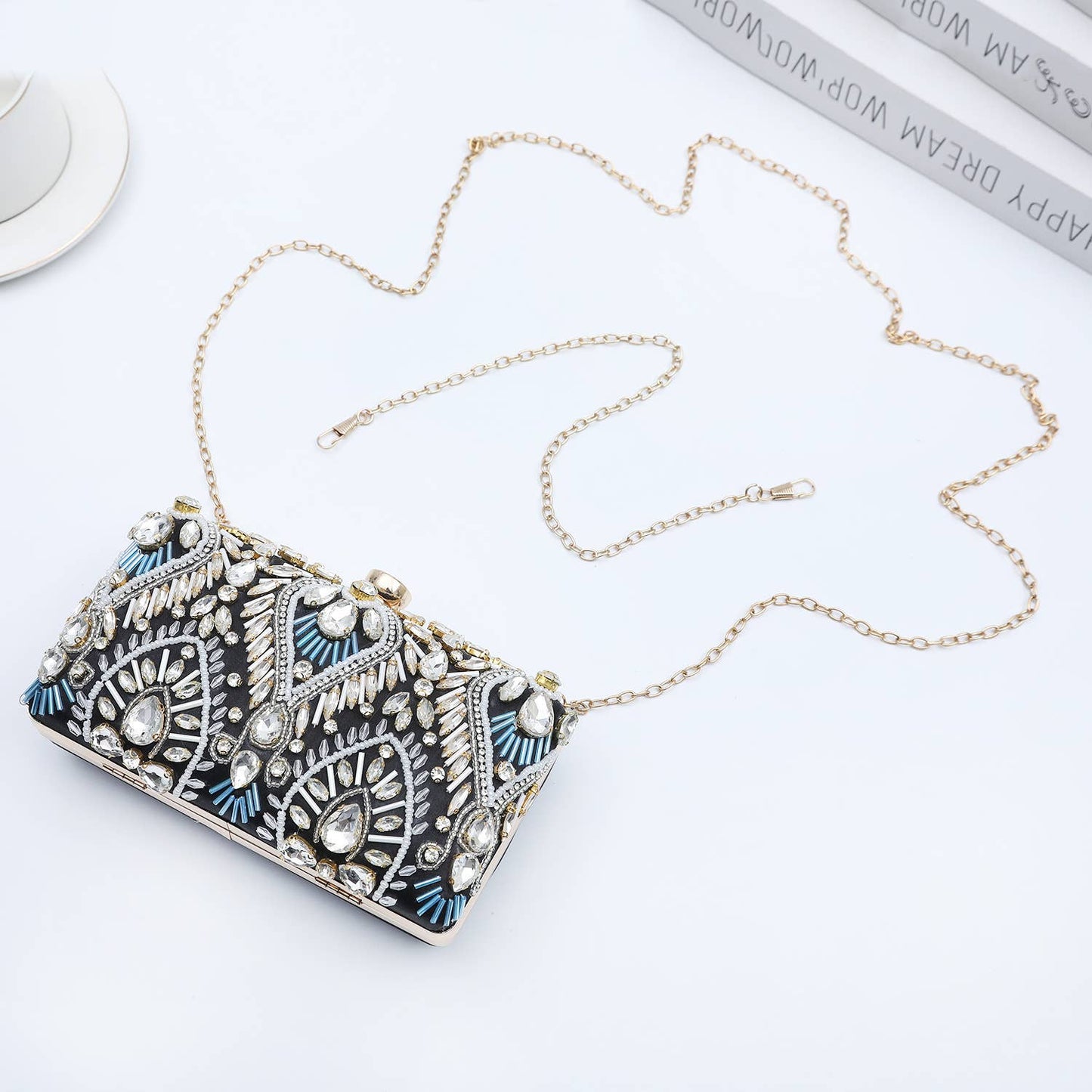 PEACH ACCESSORIES - 0308 Clutch bag with embellished jewelled details: Black