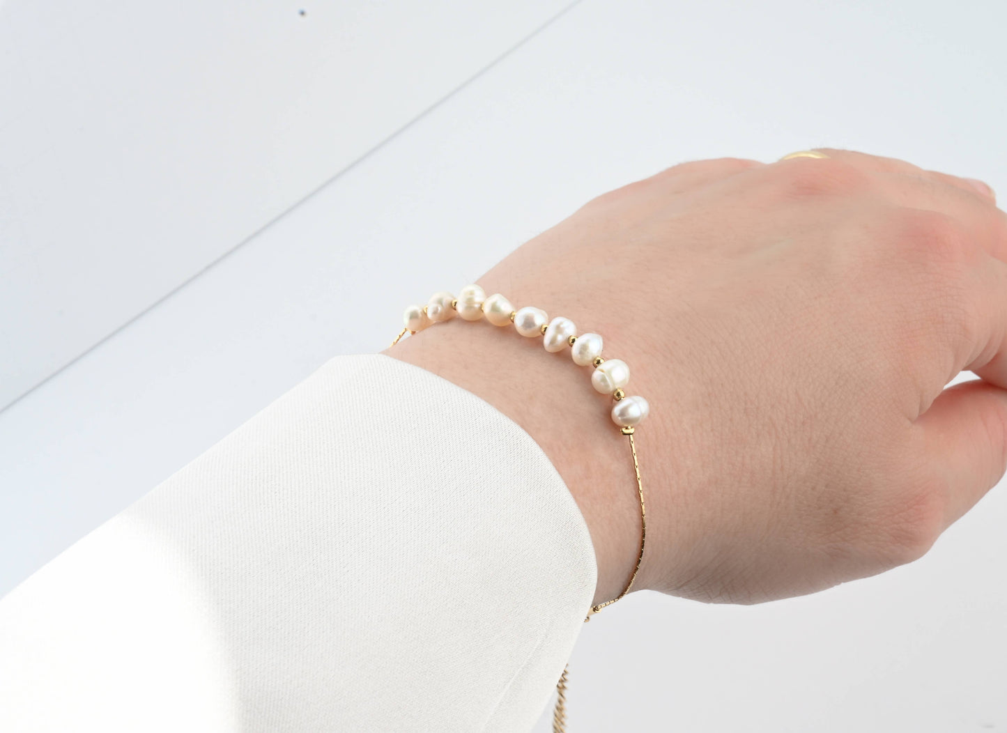 Blueyejewelry - Dainty Pearl Bracelets - 18k Gold Pearl Chain Bracelets: C. Full Pearl