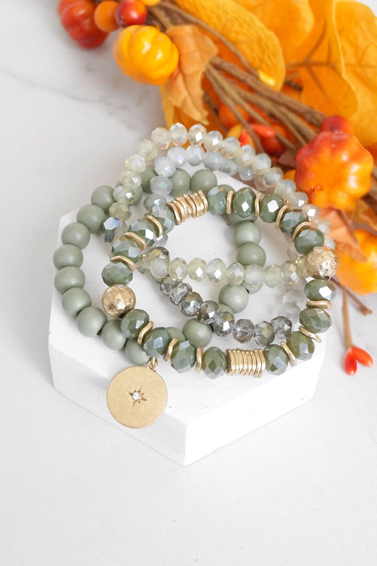 PennyLine inc - Beaded bracelets stack in Olive green with a coin charm