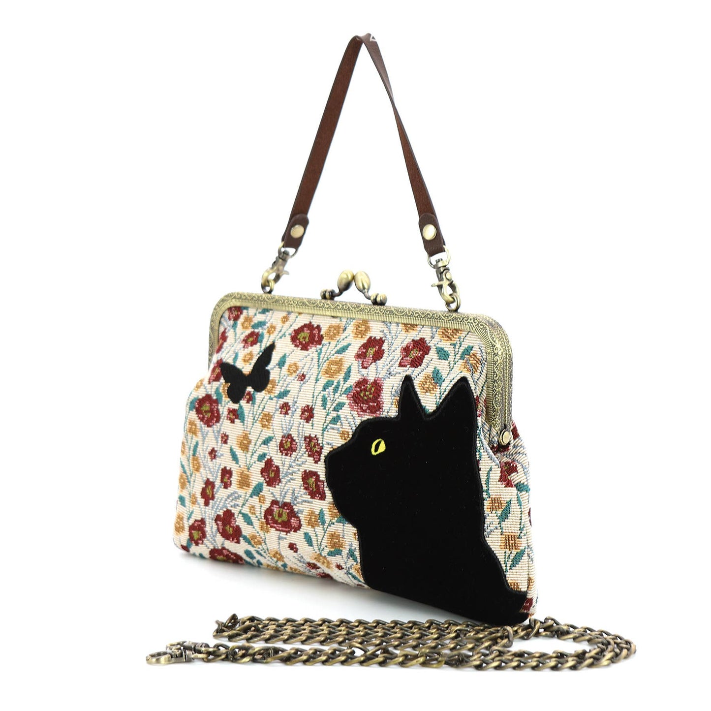 COMECO INC - Floral Black Cat Kisslock Bag