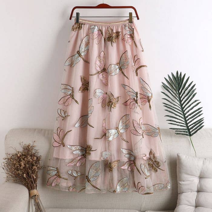 PEACH ACCESSORIES - Shimmery Dragonfly Embellished skirt in Cream SK166: Silver