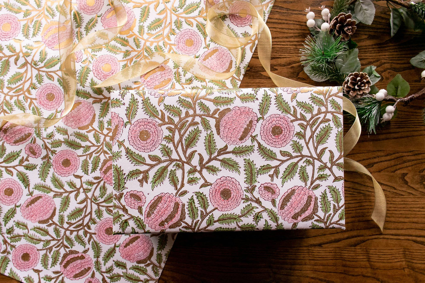 Paper Mirchi - Hand Block Printed Gift Wrap Sheets - Marigold Glitz Blush