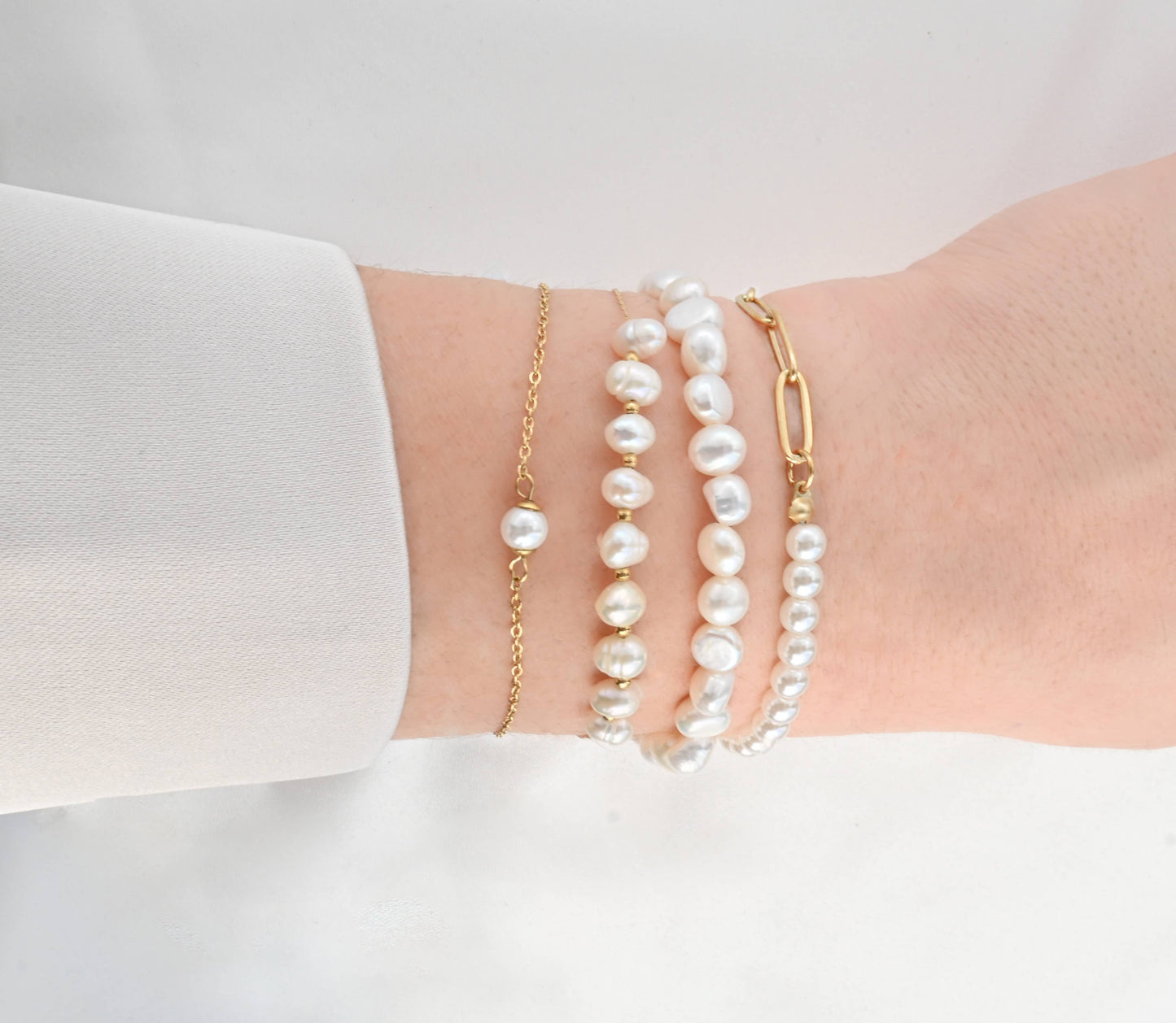 Blueyejewelry - Dainty Pearl Bracelets - 18k Gold Pearl Chain Bracelets: C. Full Pearl