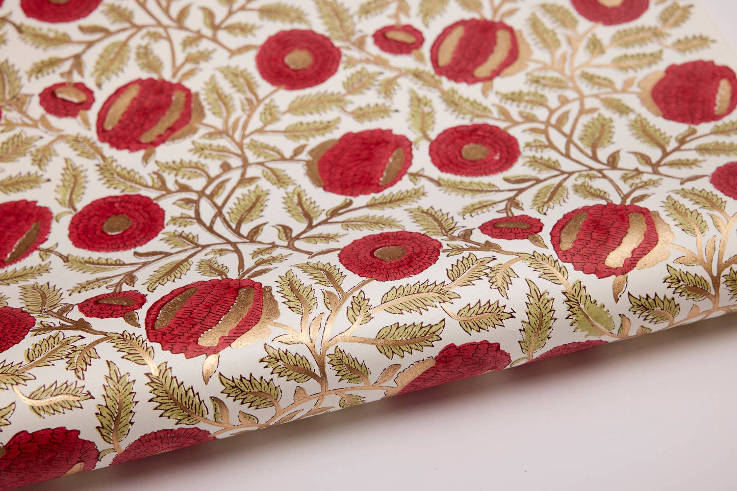 Paper Mirchi - Hand Block Printed Gift Wrap Sheets -Marigold Glitz Scarlet