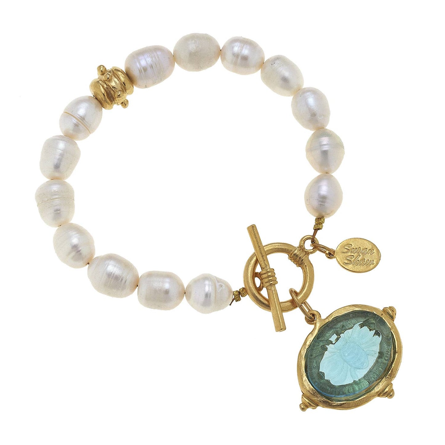 Susan Shaw - Aqua Venetian Glass Bee Intaglio on Genuine Freshwater Pearl Bracelet