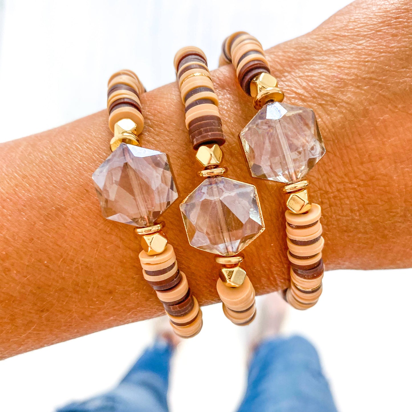 Savvy Bling - Brown & Tan Crystal Heishi Bracelet
