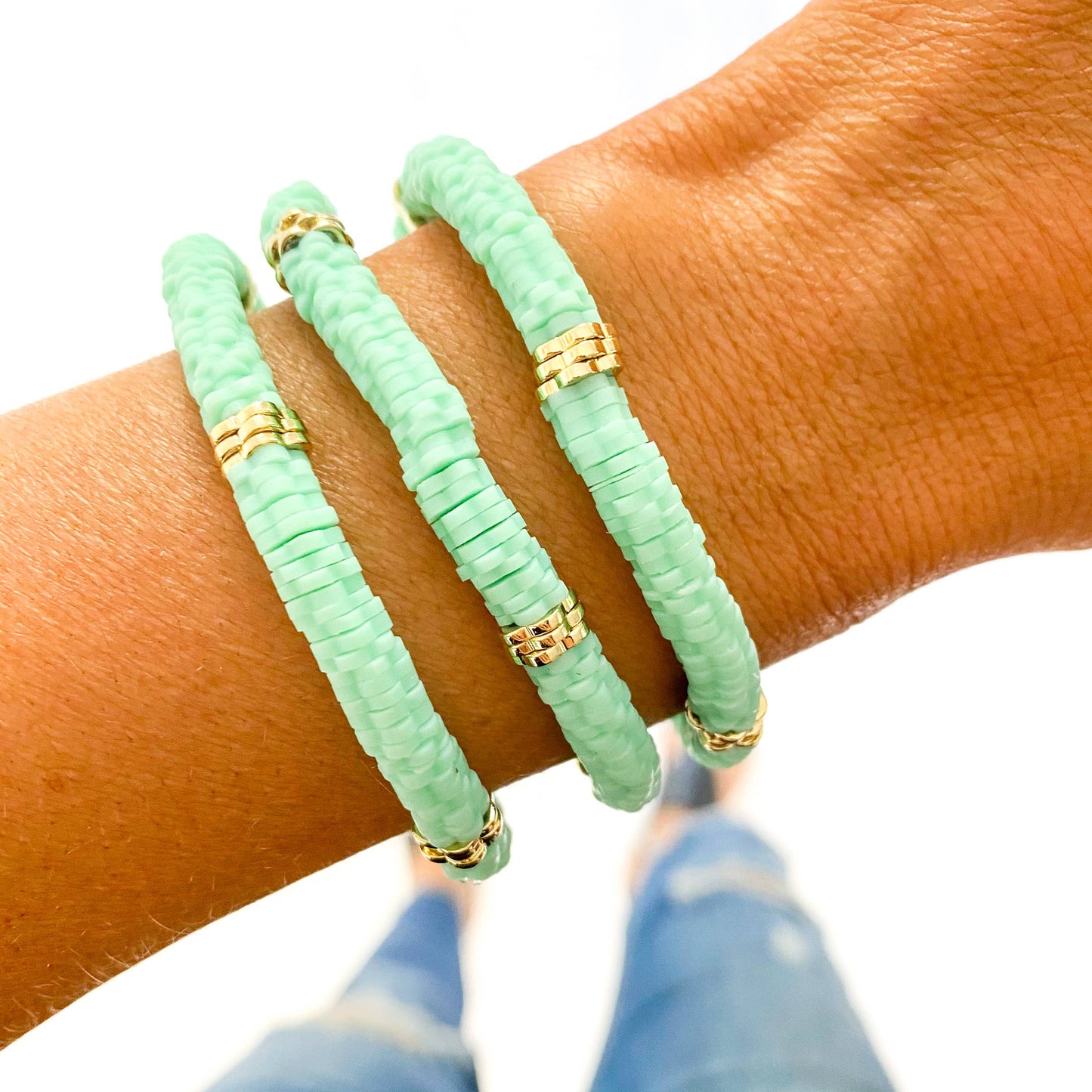 Savvy Bling - Mint Turquoise Flower Shape Dalmatian Heishi Bracelet