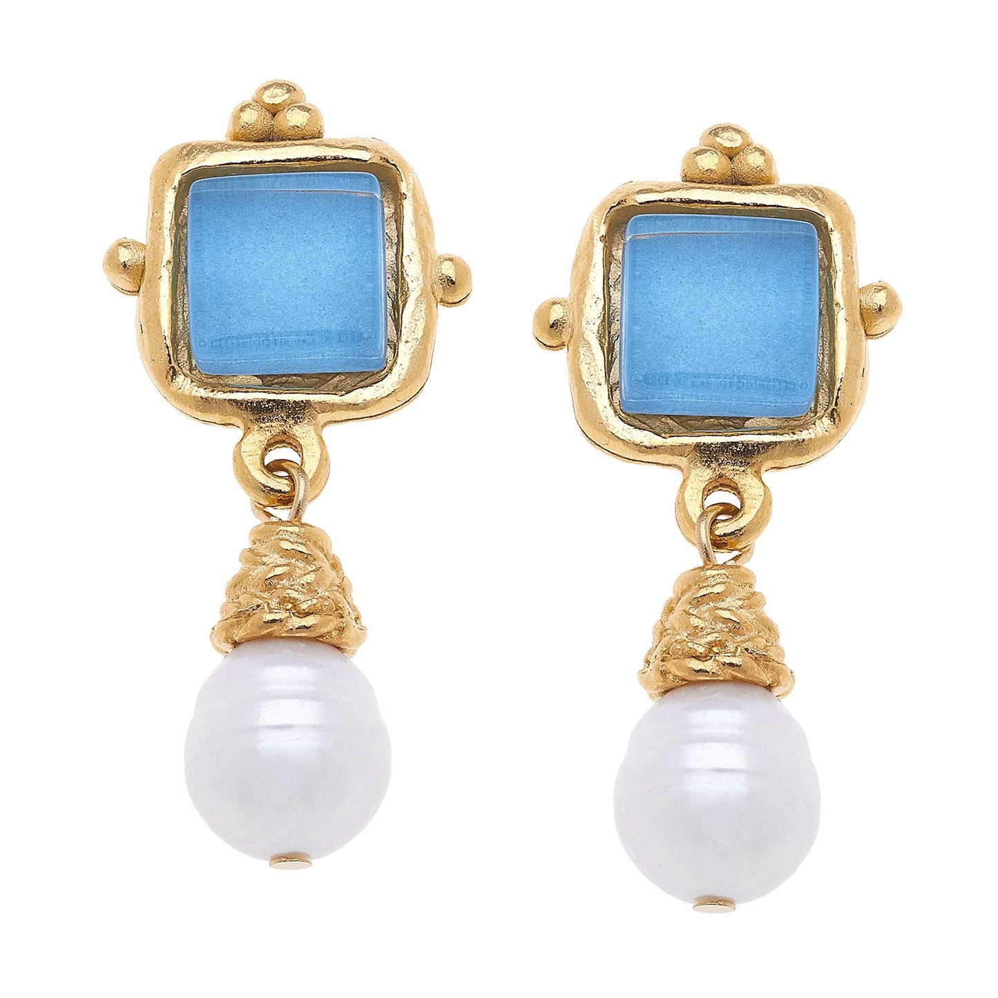 Susan Shaw - Charlotte Aqua French Glass + Pearl Drop Earrings