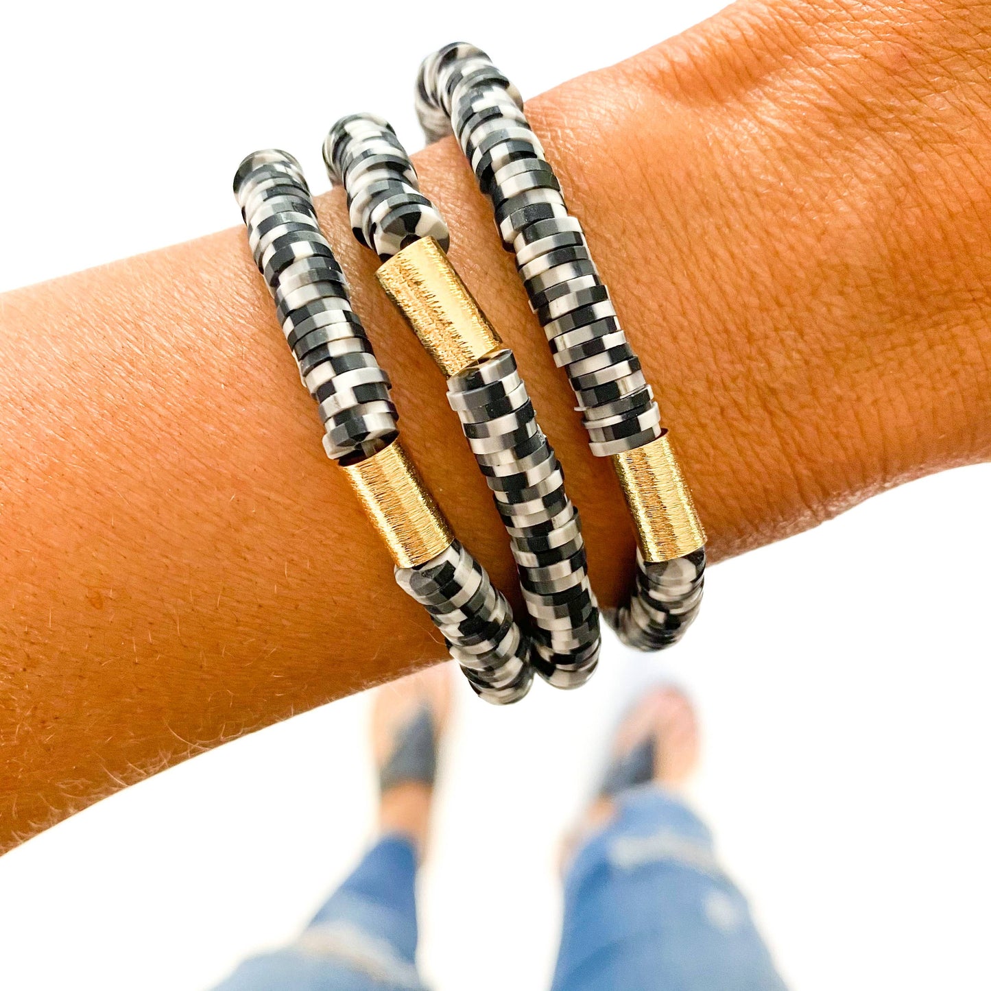 Savvy Bling - Black White & Gray Dalmatian Heishi Bracelet