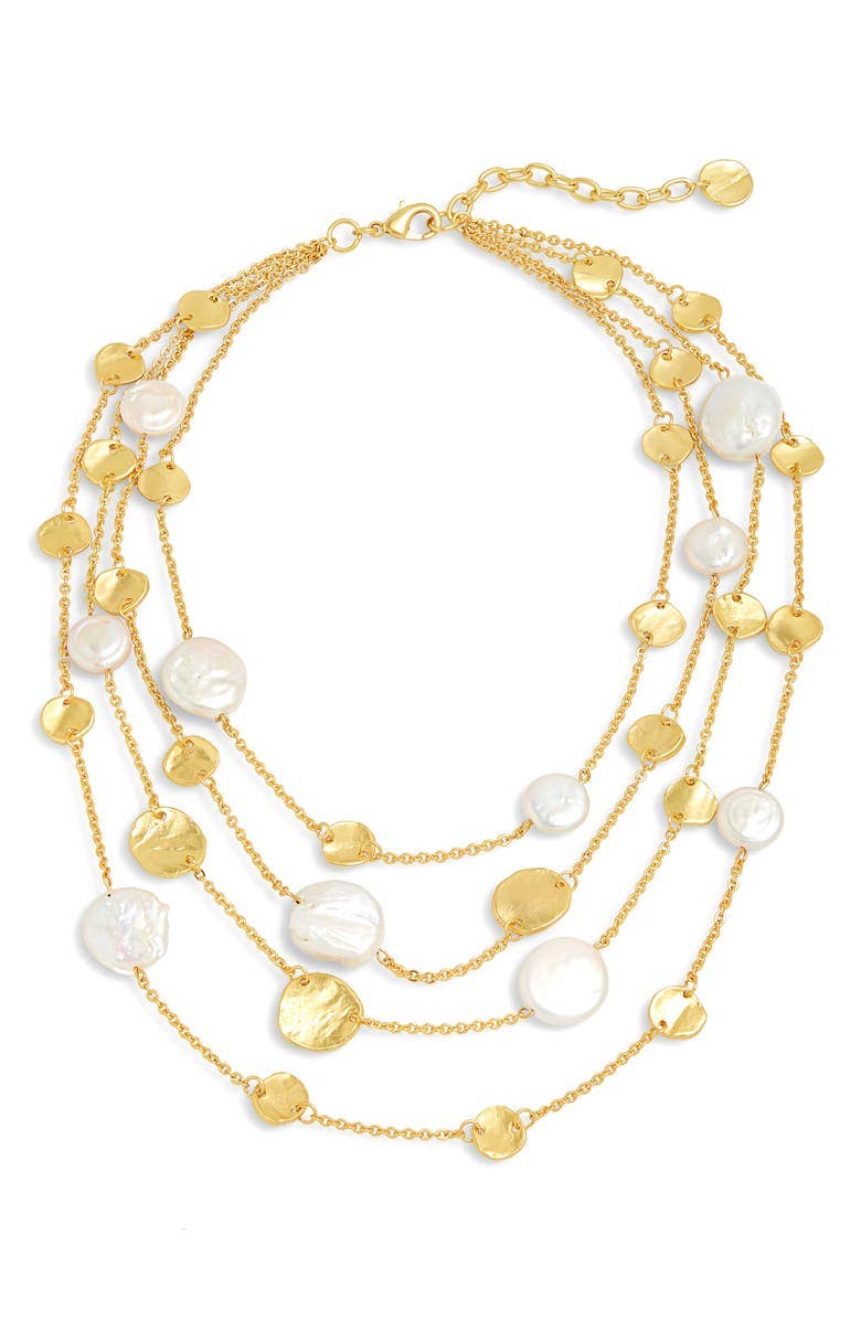 KARINE SULTAN - Coin and flat pearl multi strand statement necklace: Gold