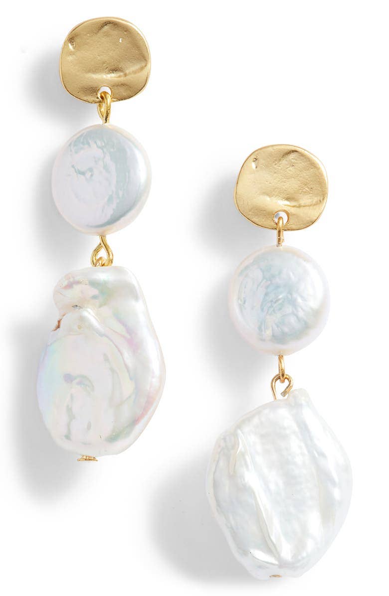 KARINE SULTAN - Genuine flat pearl linear drop earring: Gold