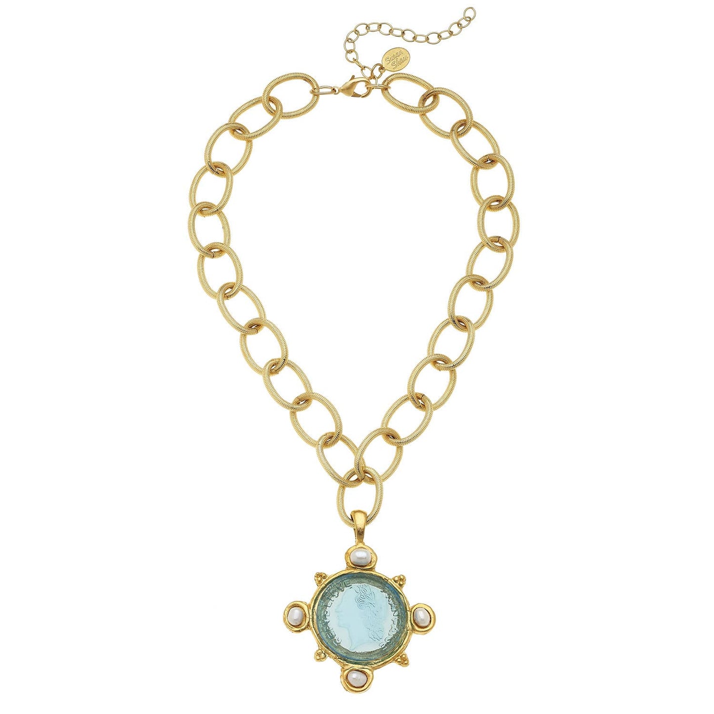 Susan Shaw - Aqua Venetian Glass Coin Intaglio and Genuine Freshwater Pearls on Chain Necklace
