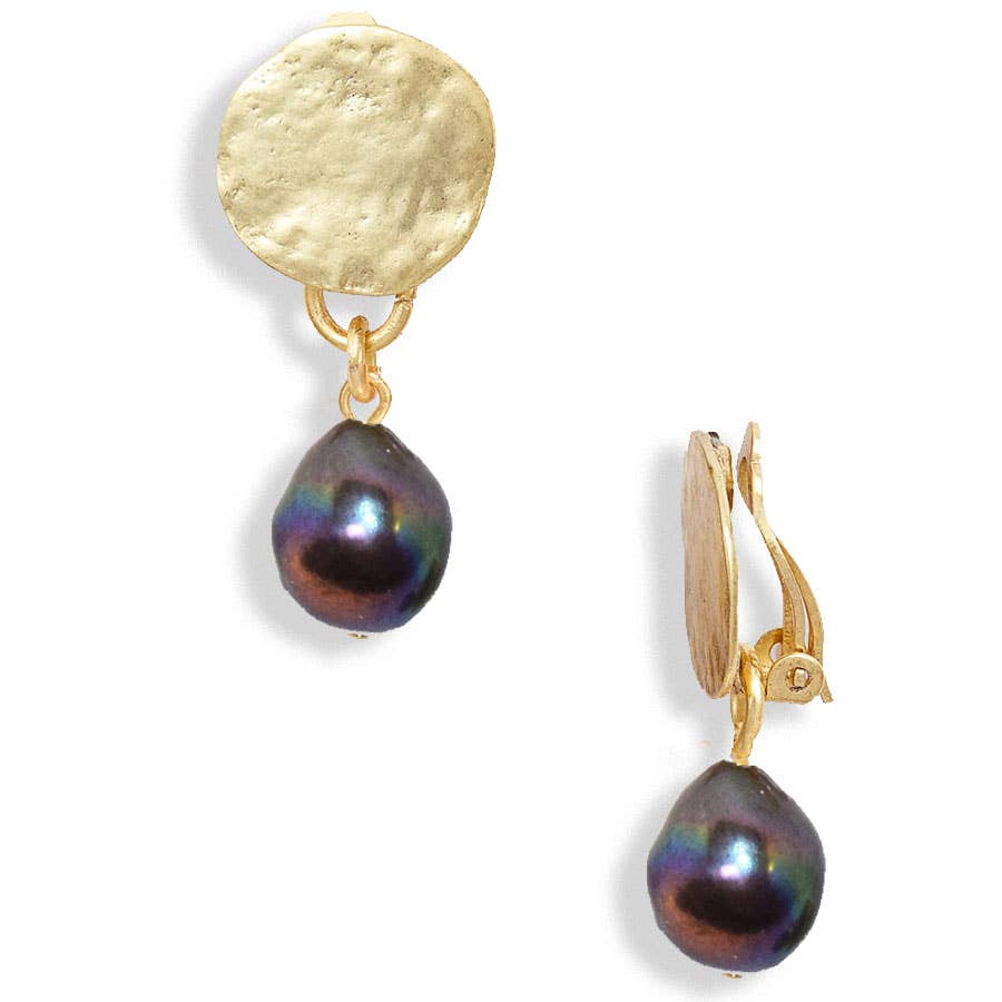 KARINE SULTAN - Coin clip with peacock black pearl drop: Gold