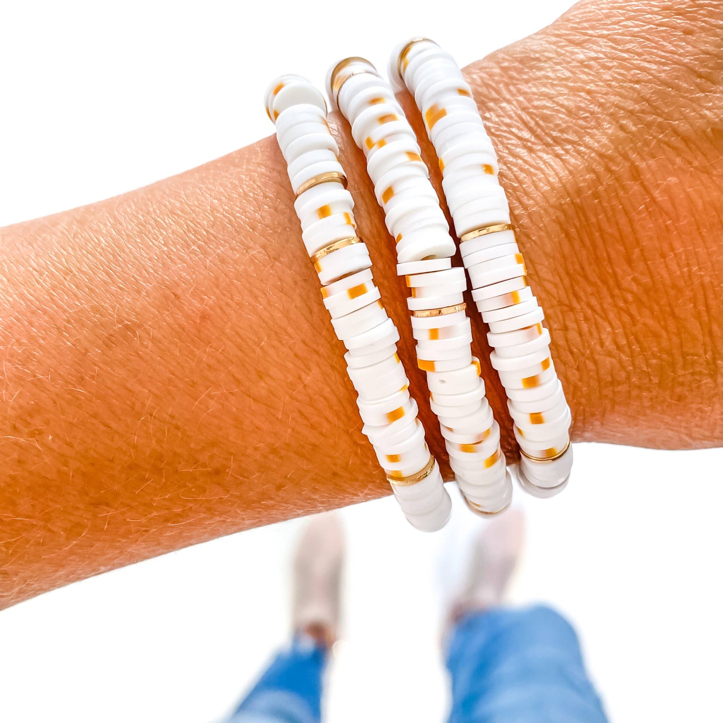 Savvy Bling - White and Gold Dalmatian Heishi Bracelet