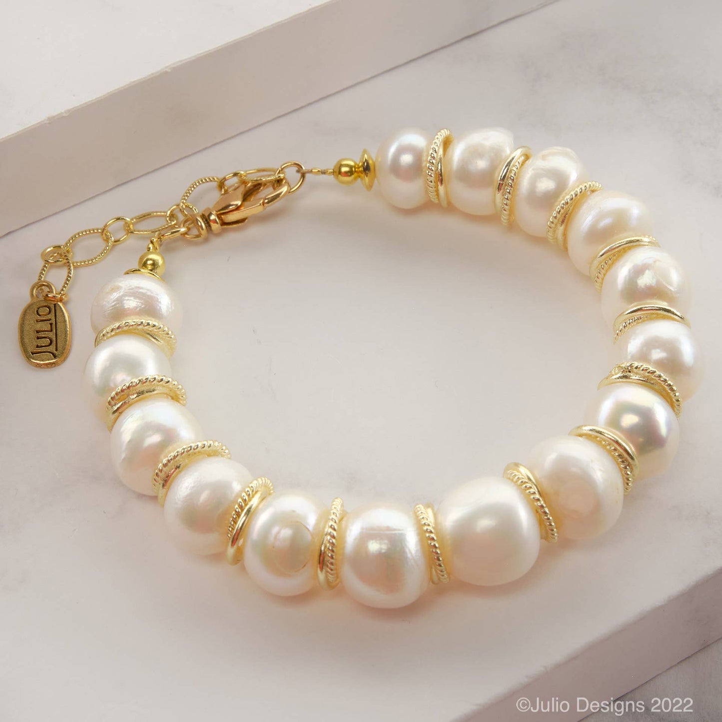 Julio Designs - Alphie Button Pearl Bracelet with Golden Spacers