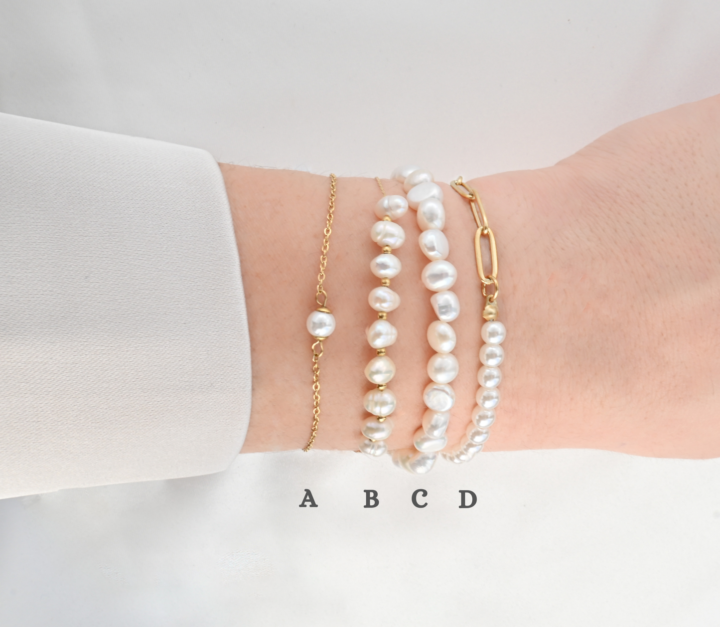 Blueyejewelry - Dainty Pearl Bracelets - 18k Gold Pearl Chain Bracelets: D. Half Pearl Half Paperclip Chain