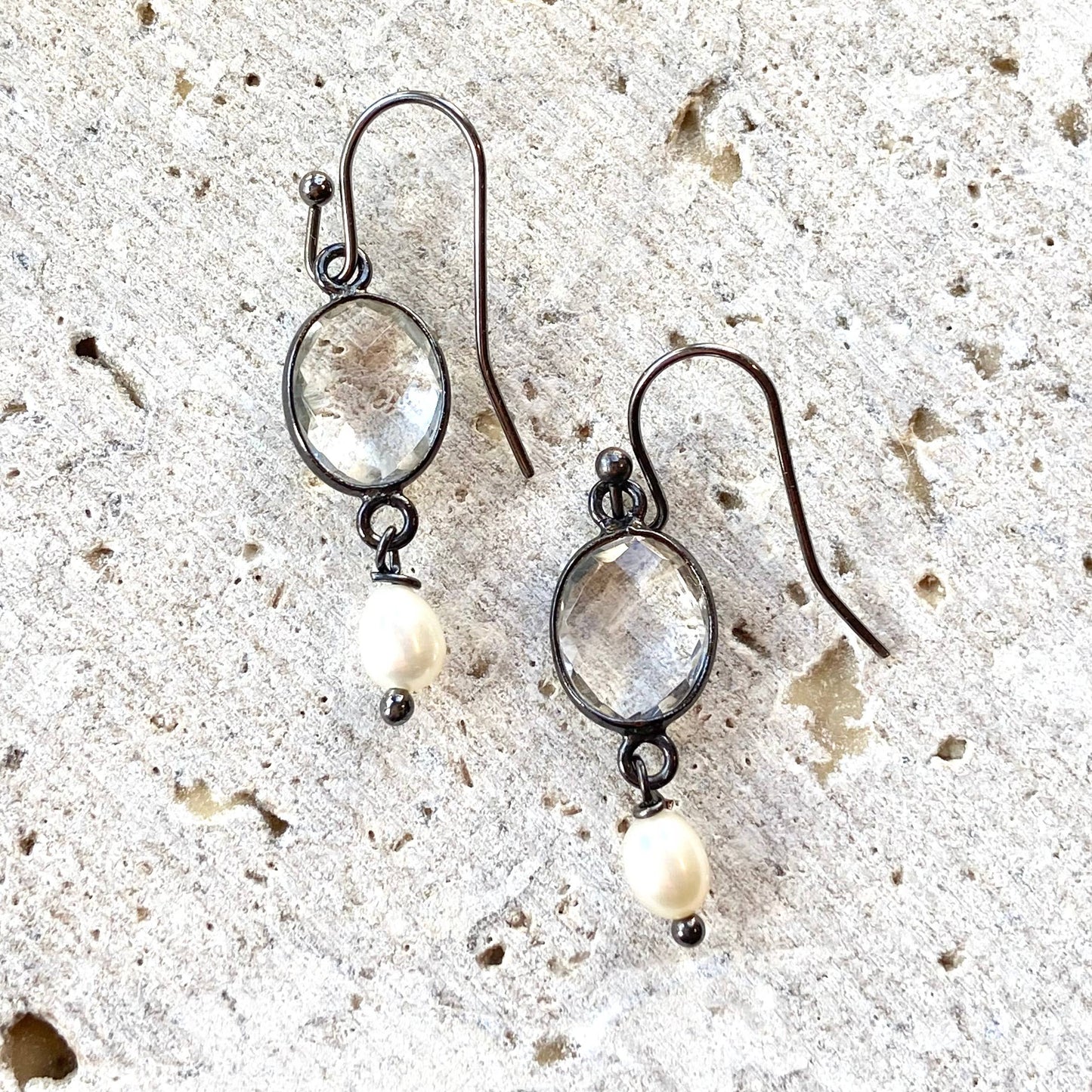 VB&CO Designs Handmade Jewelry - Crystal Quartz, Fresh Water Pearl Drop Earrings