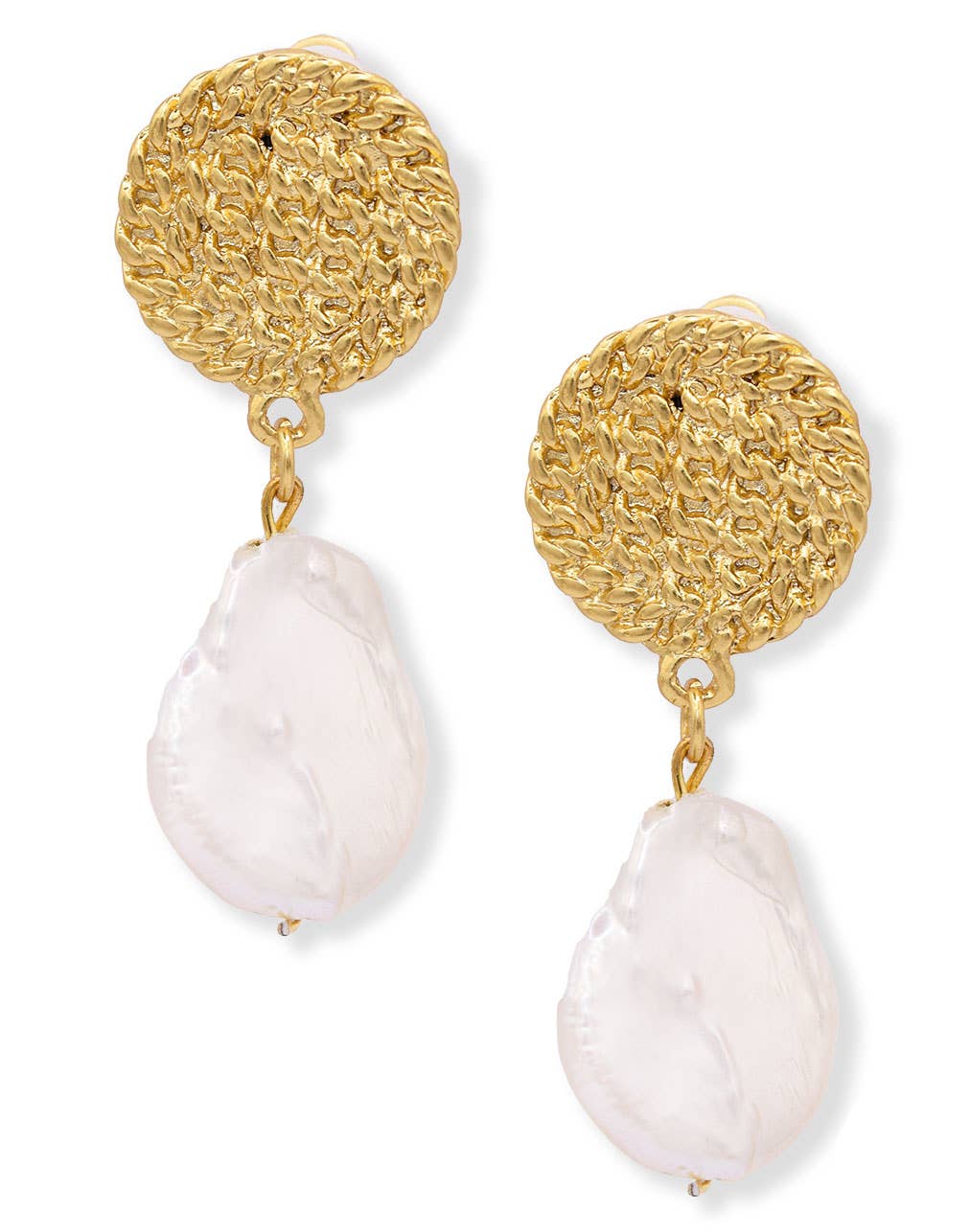 KARINE SULTAN - Cuban Disc & Flat Pearl Drop Earring: Yellow Gold