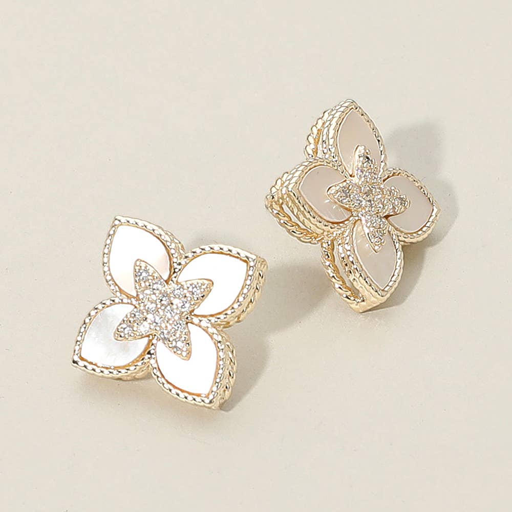 Sensibling Corp. - 14K Gold Plated CZ Stone Paved Center Mother of Pearl Floral Clover Stud Earrings
