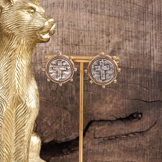 PennyLine inc - Divine Duo – Two-Tone Cross Coin Stud Earrings: Gold Frame-Silver Coin