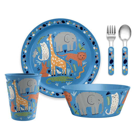 TarHong - Jungle Animals Polypropylene Dinnerware Set, 5 pc set: Melamine / Blue