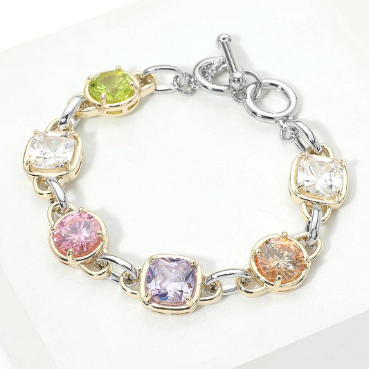 Sensibling Corp. - 14K Gold Plated Multi Color CZ Stone Link Toggle Bracelet: Multi Rhodium