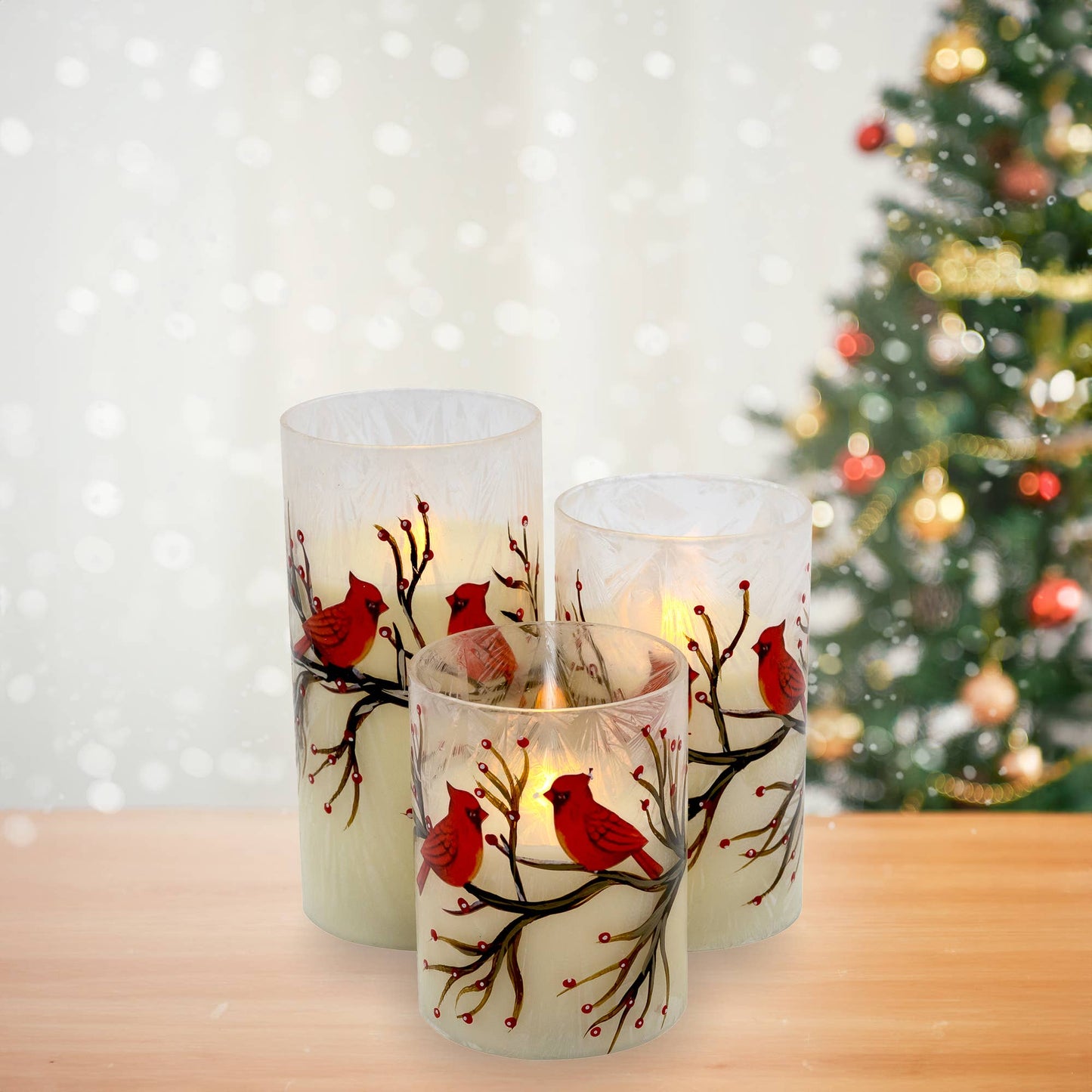 LumaBase - Battery-Operated Glass/Wax Candles- Red Cardinals, 3ct