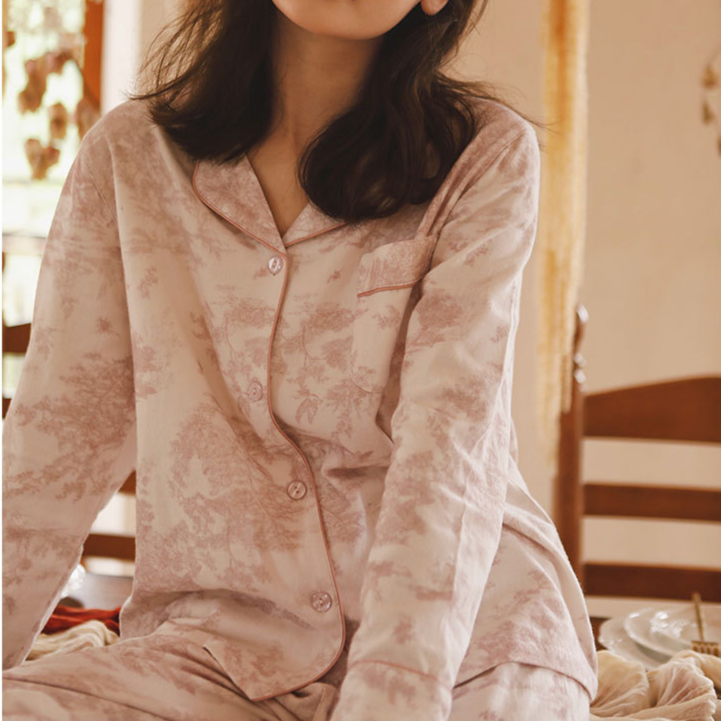DrifWoo - Soft Pink Toile Print Loungewear – Spring Cozy Homewear: S
