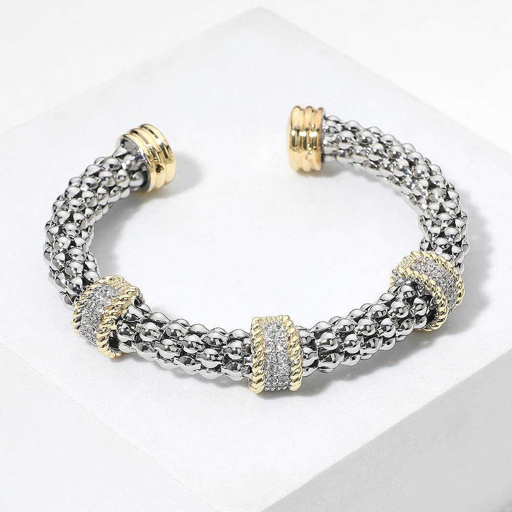 Sensibling Corp. - Two Tone Triple CZ Stone Paved Ring Textured Cuff Bracelet