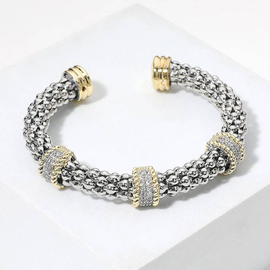 Sensibling Corp. - Two Tone Triple CZ Stone Paved Ring Textured Cuff Bracelet